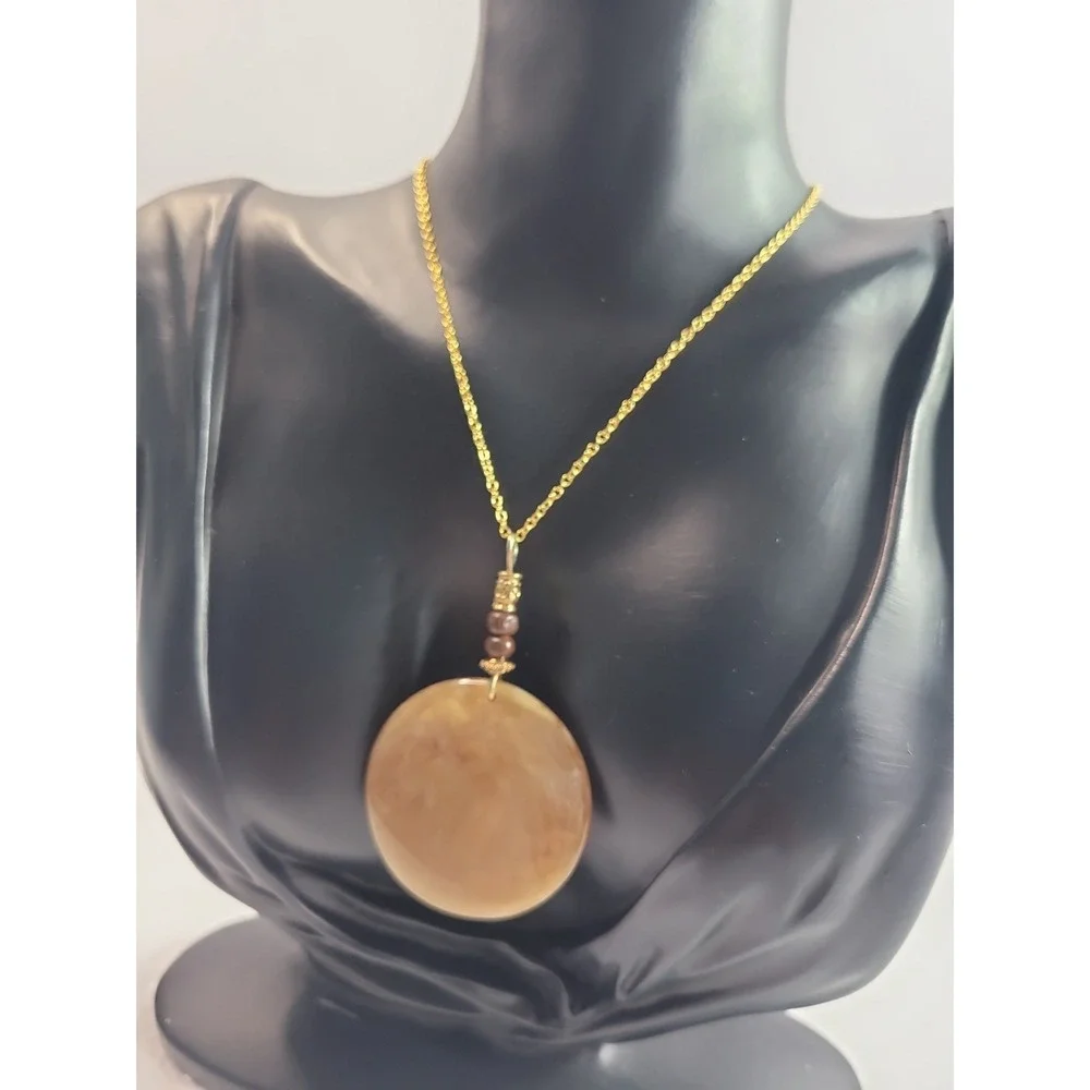 Gold Tone Tan Brown Round Disc Pendant Necklace Marbled Statement Boho Jewelry
